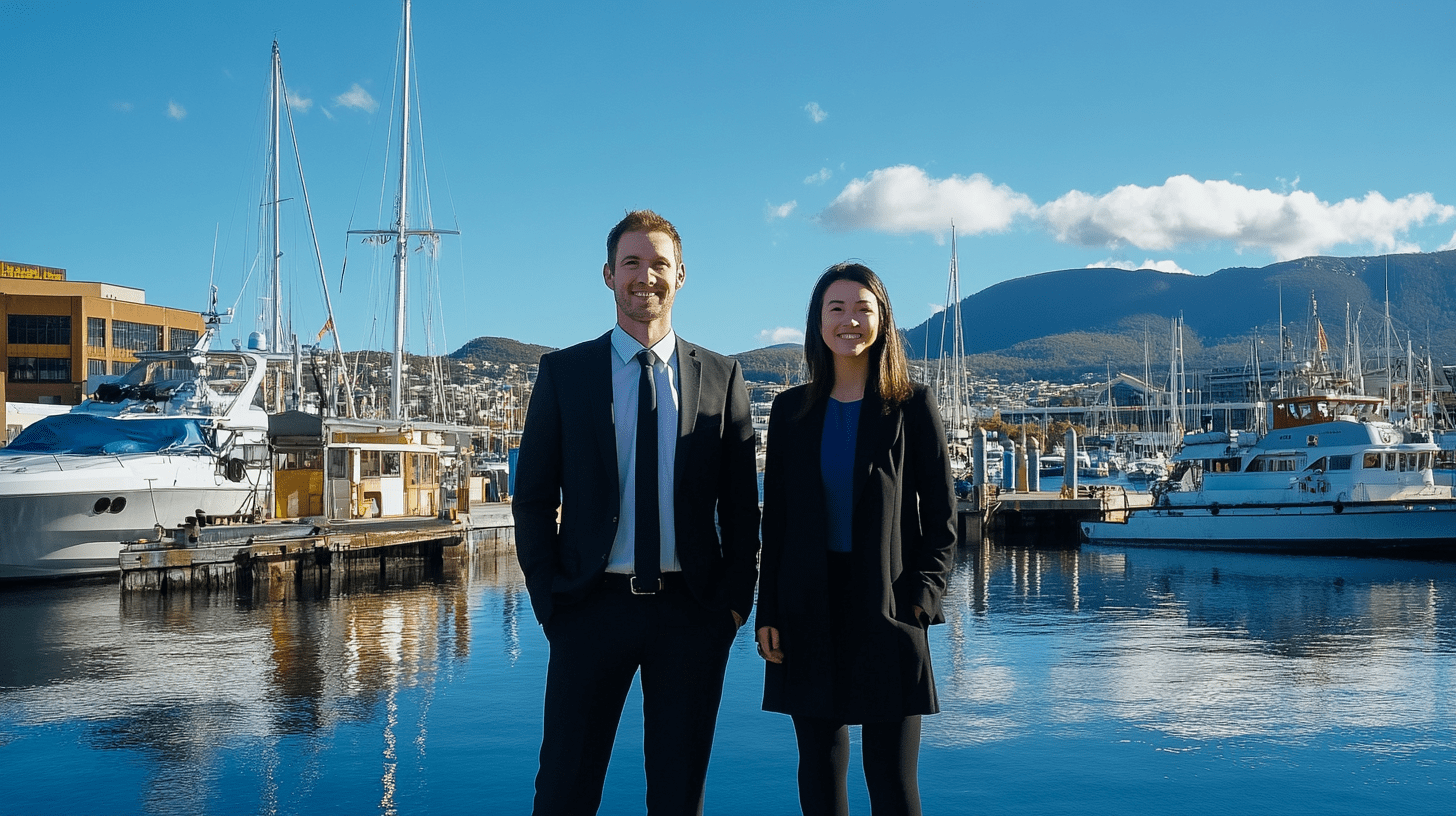 Two lawyers standing at the harbour in Hobart. 