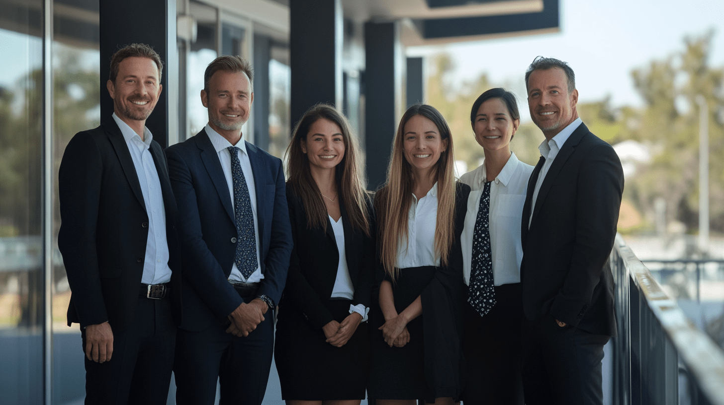 A team of lawyers standing outside their office in Innaloo, Perth.