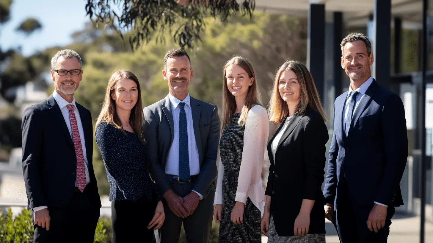 A team of lawyers standing outside their office in Mandurah, Perth.