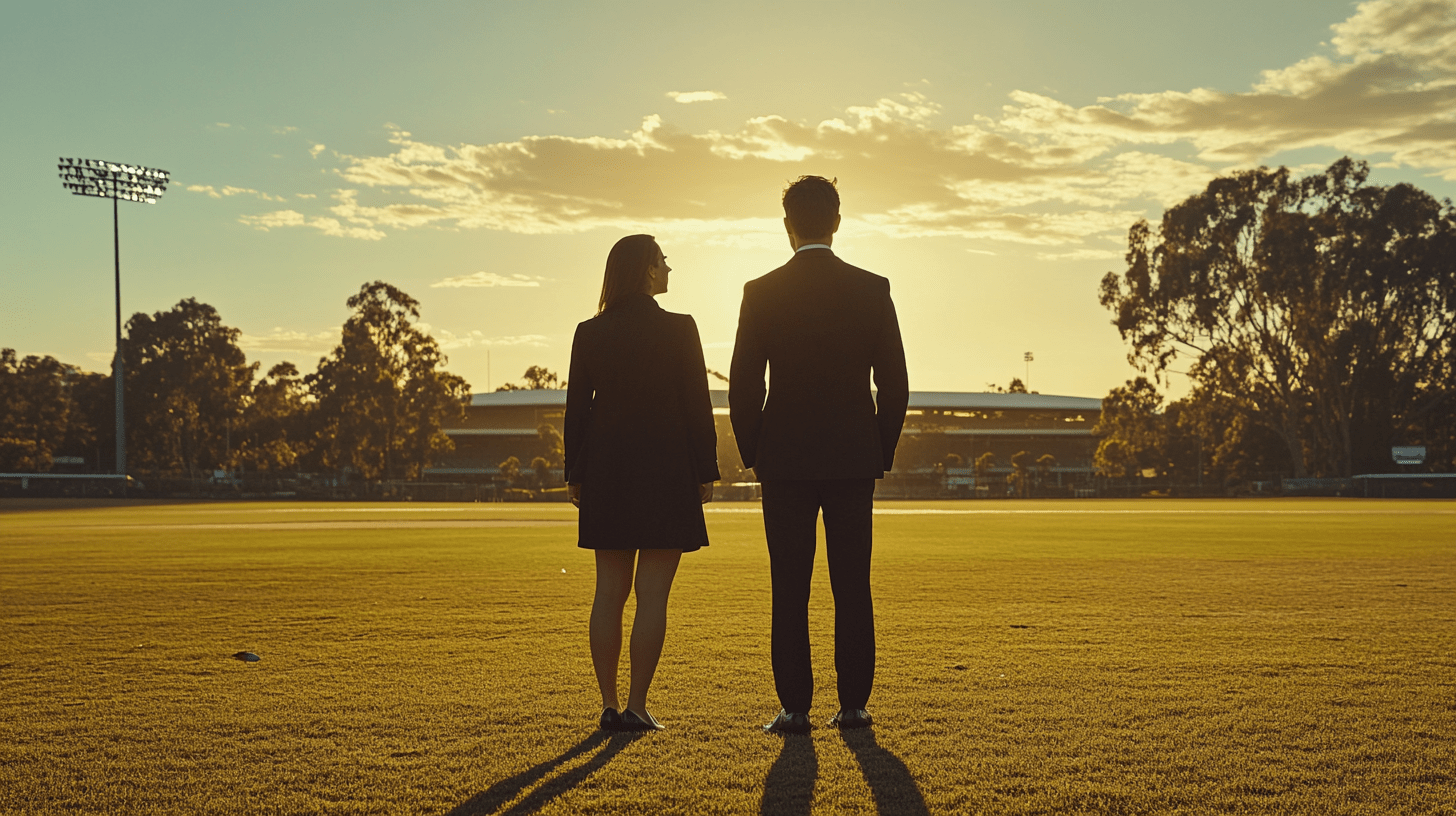 Two lawyers standing at Manuka Oval in Manuka, Canberra.