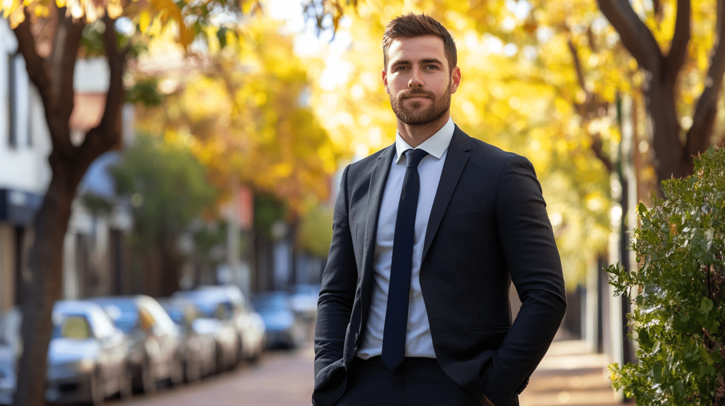 A lawyer standing on the street in Midland, Perth.