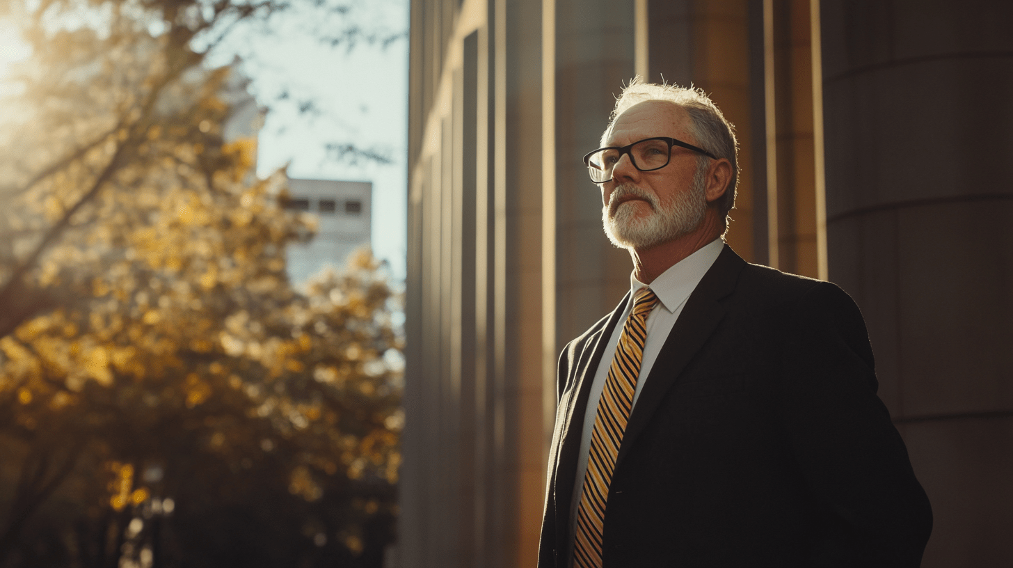 A lawyer standing in front of his office in Modbury, Adelaide.