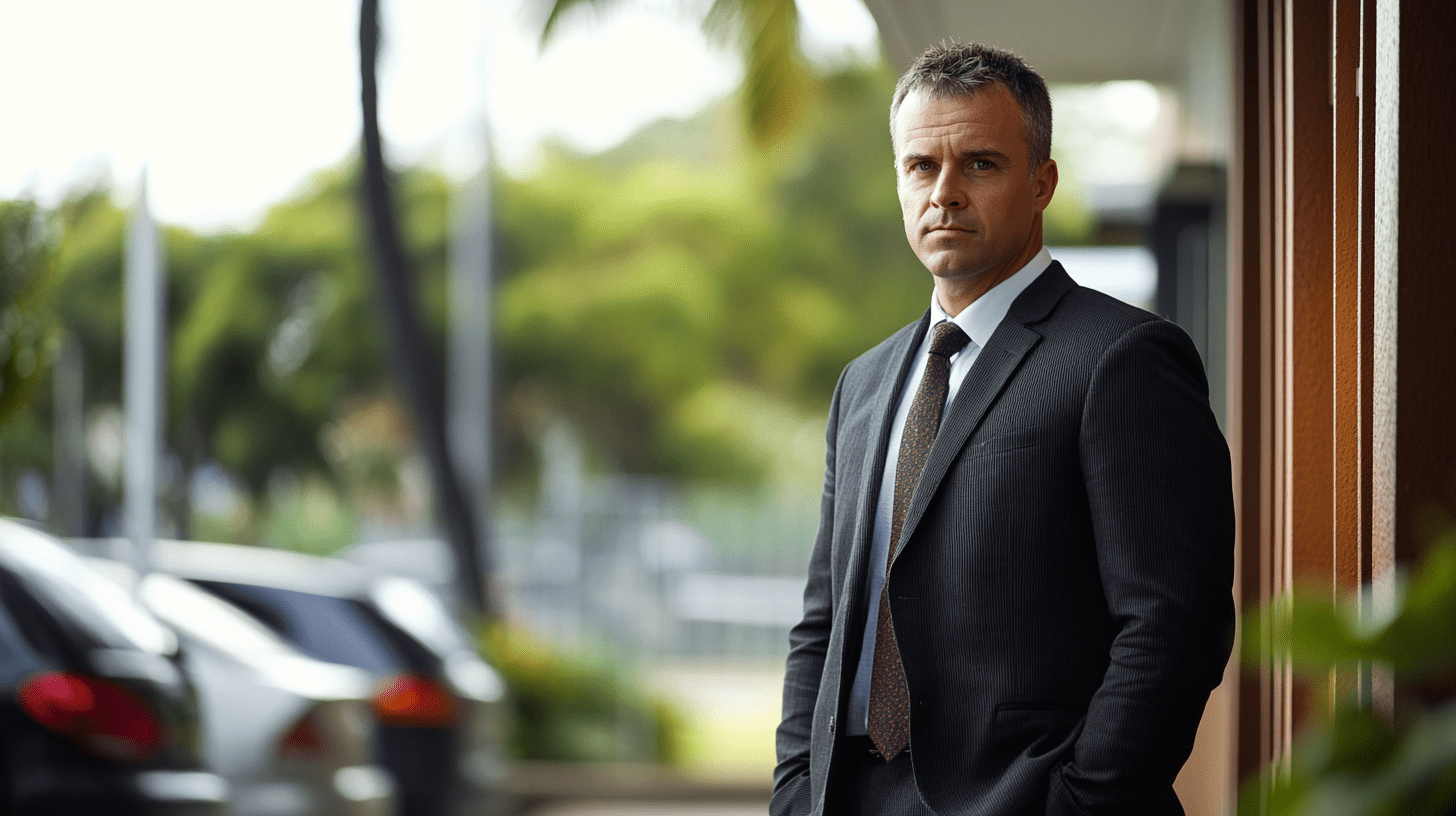 A lawyer standing outside his office in Mooloolaba, Sunshine Coast.