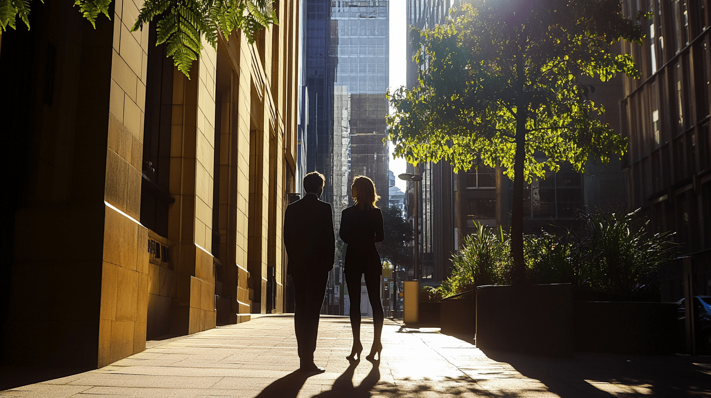 Two lawyers standing in the Newcastle CBD.