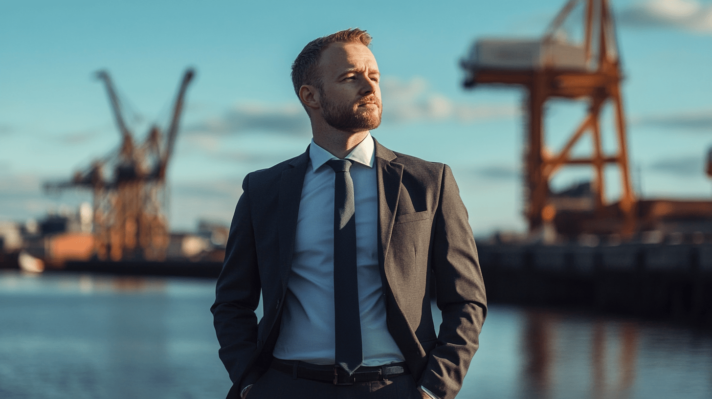 A lawyer standing at the port in Newcastle.
