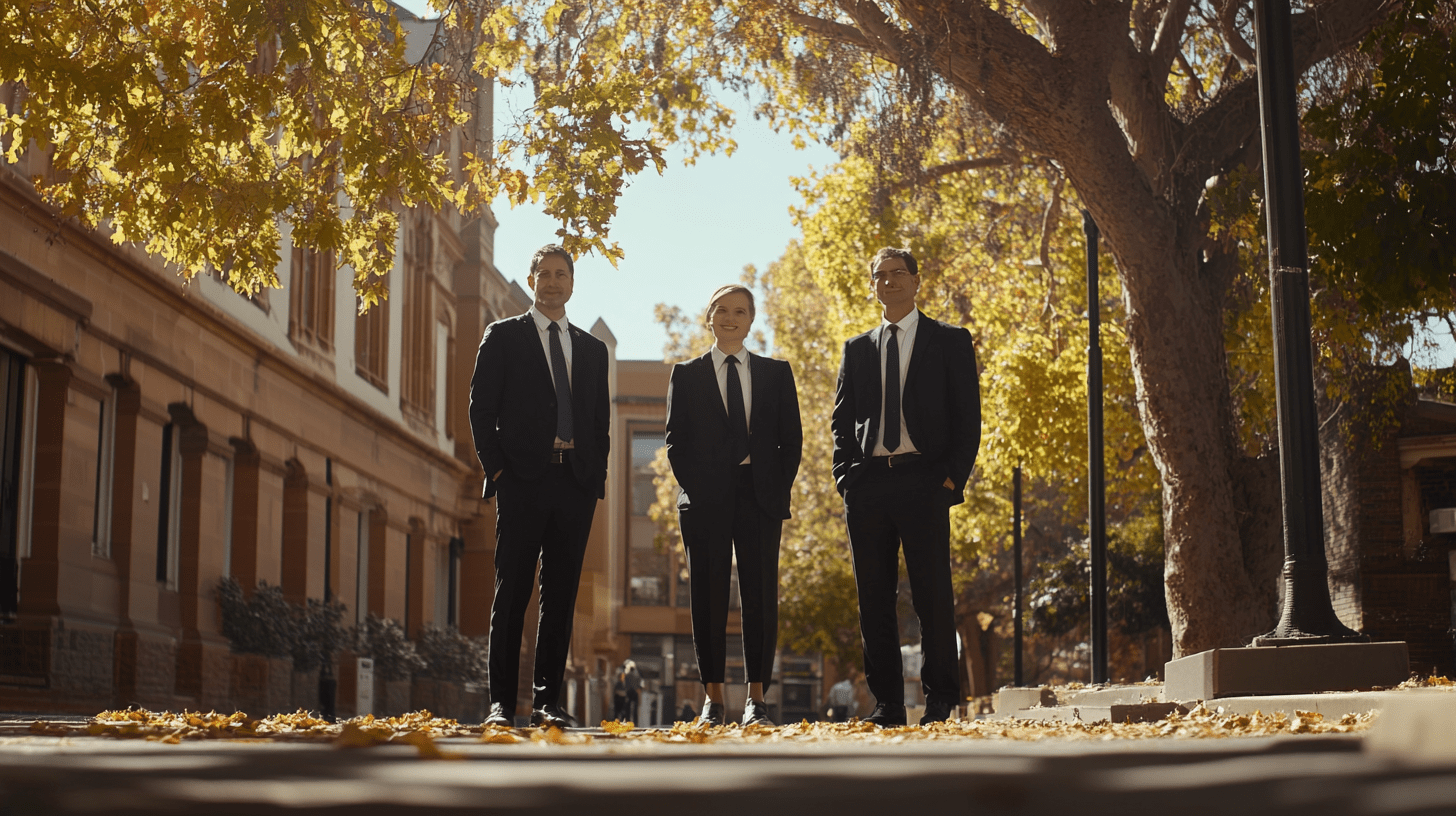Three lawyers standing outside in Norwood, Adelaide. 