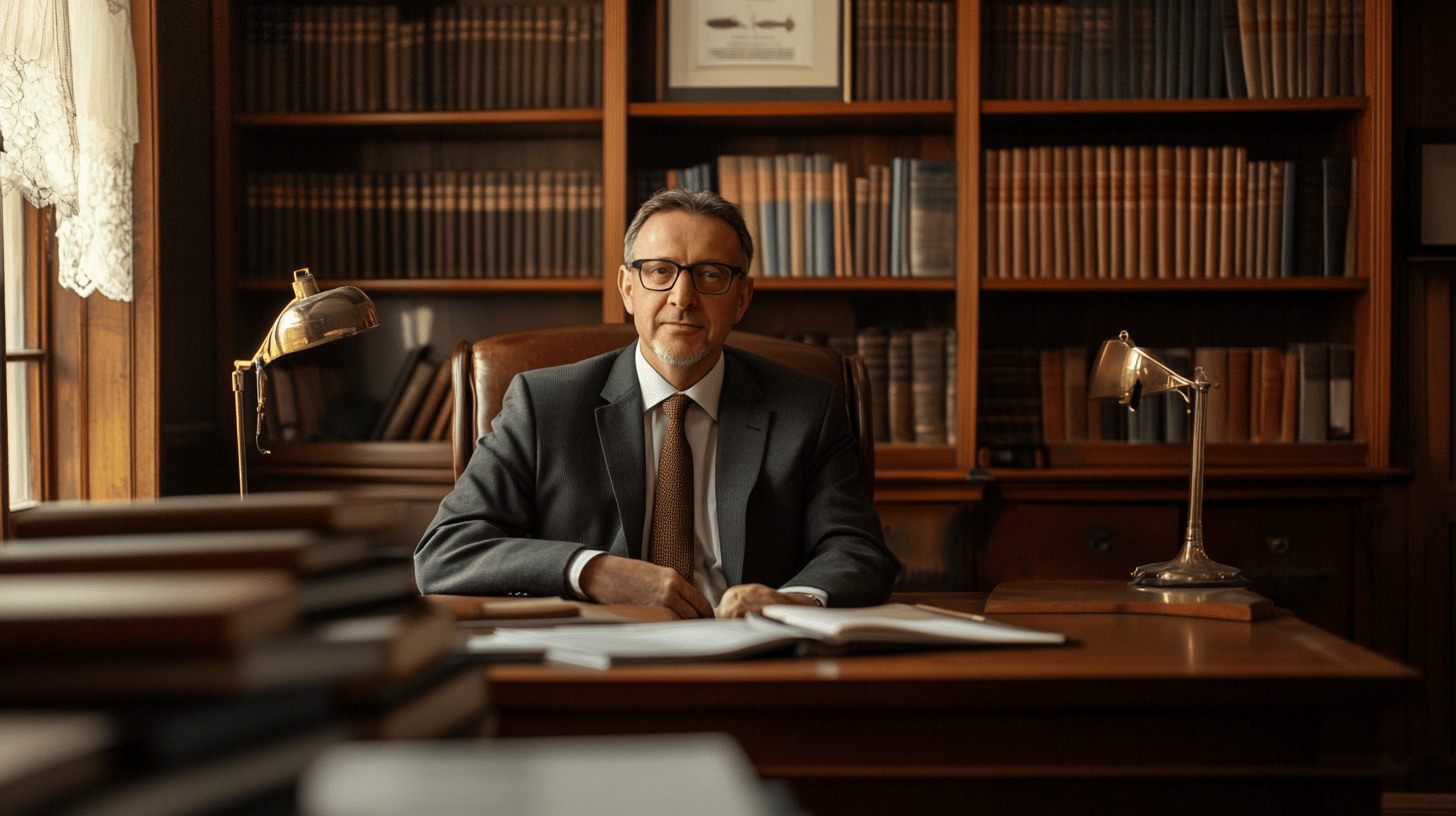 A lawyer sitting at his desk in his office in Bendigo.