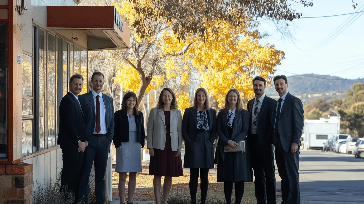 A team of lawyers standing outside their office in Queanbeyan, Canberra.