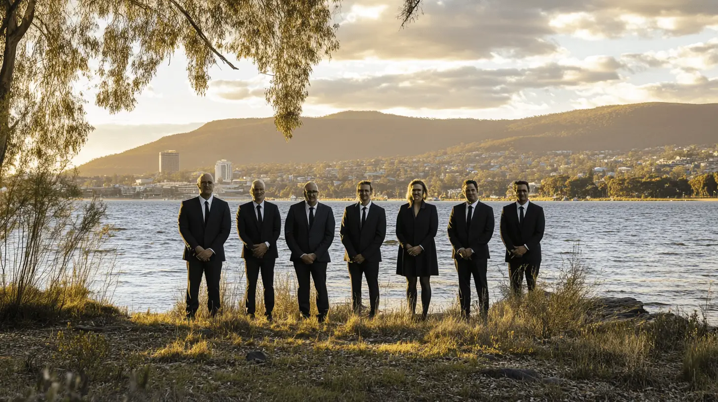 A team of lawyers standing next to the Derwent River in Rosny Park, Hobart.