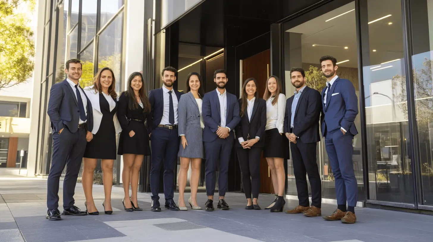 A team of lawyers standing outside their office in Salisbury, Adelaide.