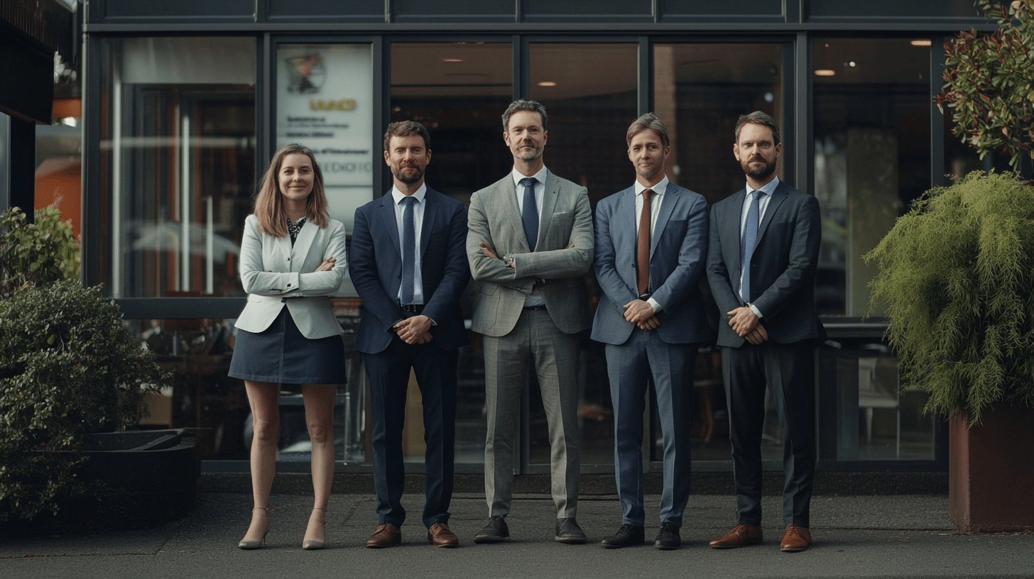 A team of lawyers standing outside their office in Sandy Bay, Hobart.