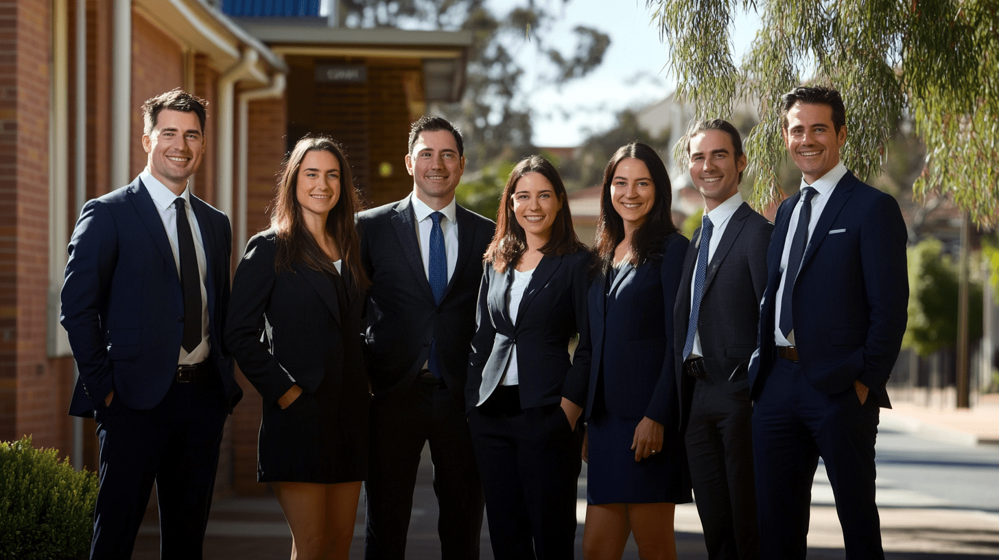 A team of lawyers posing for a photo outside their office in Bendigo.