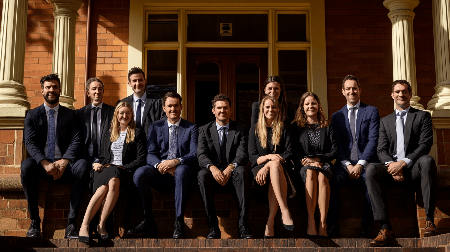 A group of lawyers posing for a photo outside their office in Toowoomba.