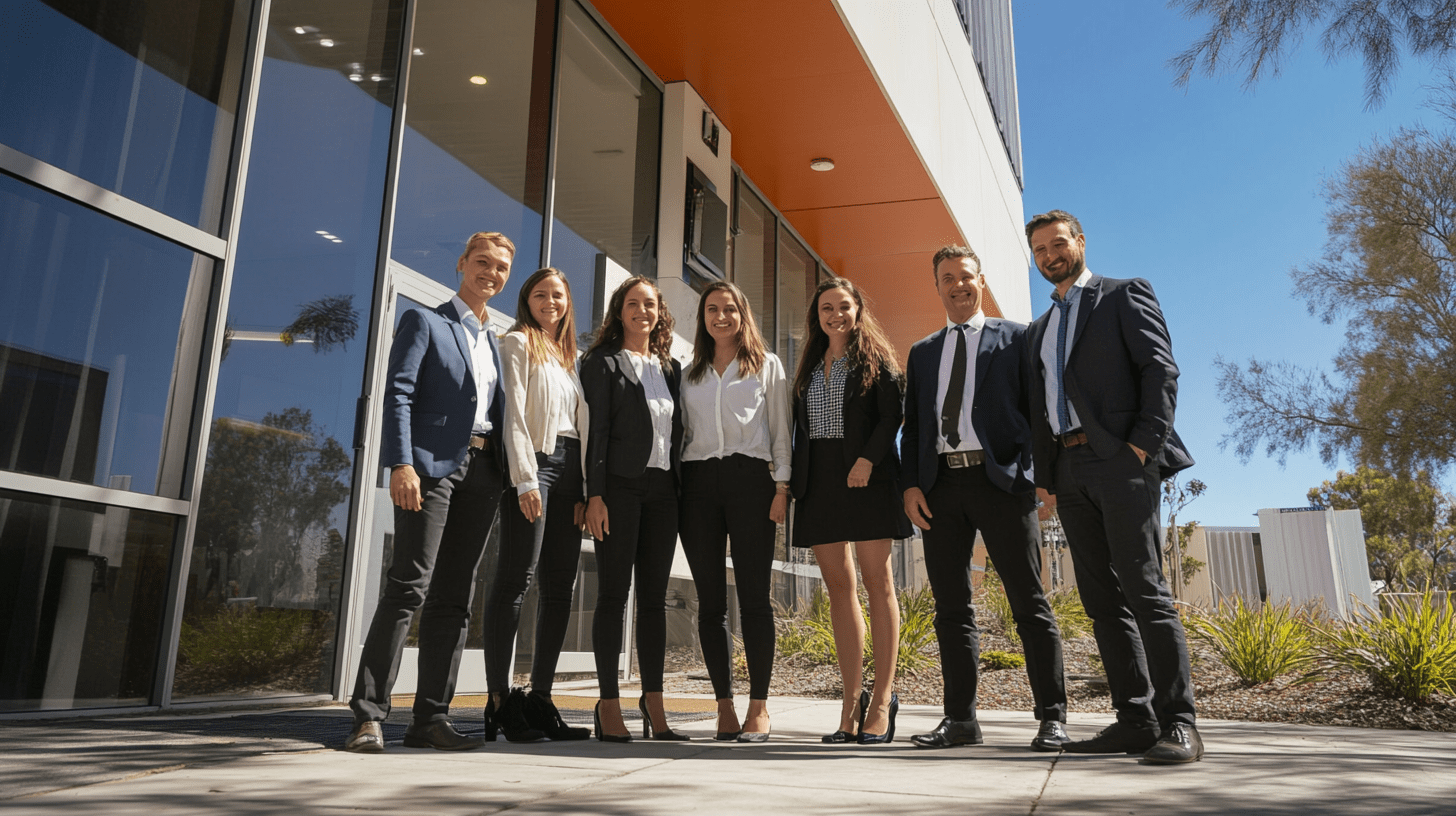 A team of lawyers standing outside their office in Tuggeranong, Canberra.