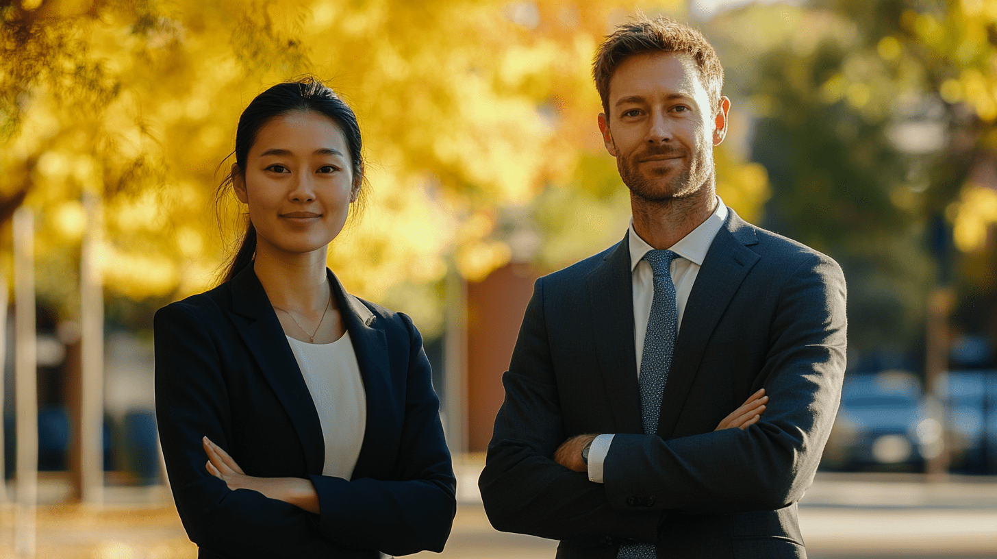 Two lawyers standing outside in Woden, Canberra.