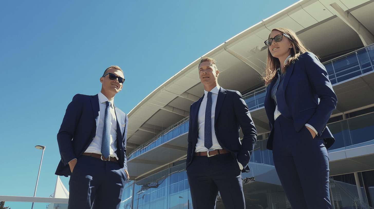 Three lawyers standing outside a stadium in Wollongong.