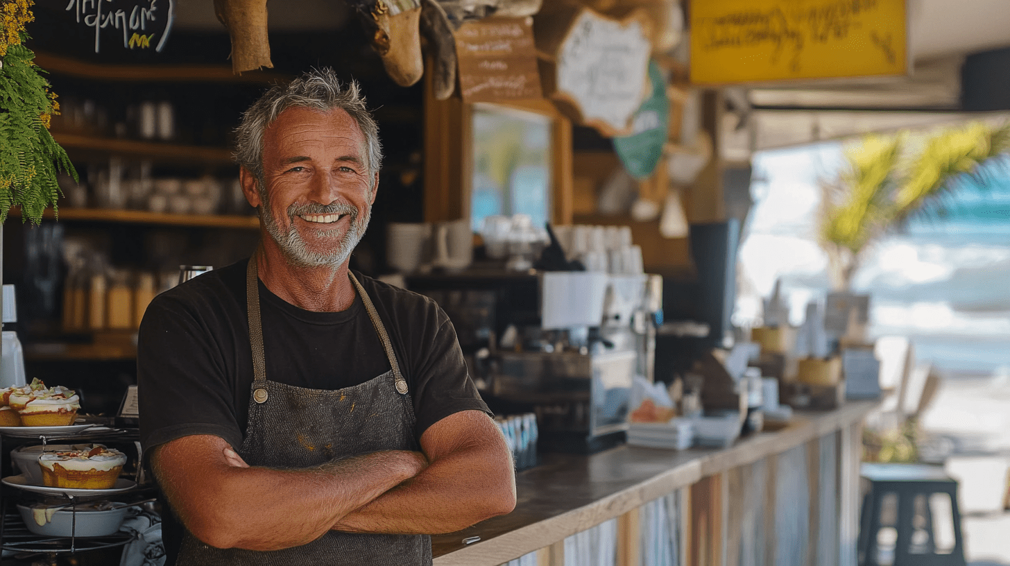 A cafe owner standing outside his cafe in Lighthouse Beach, Port Macquarie.