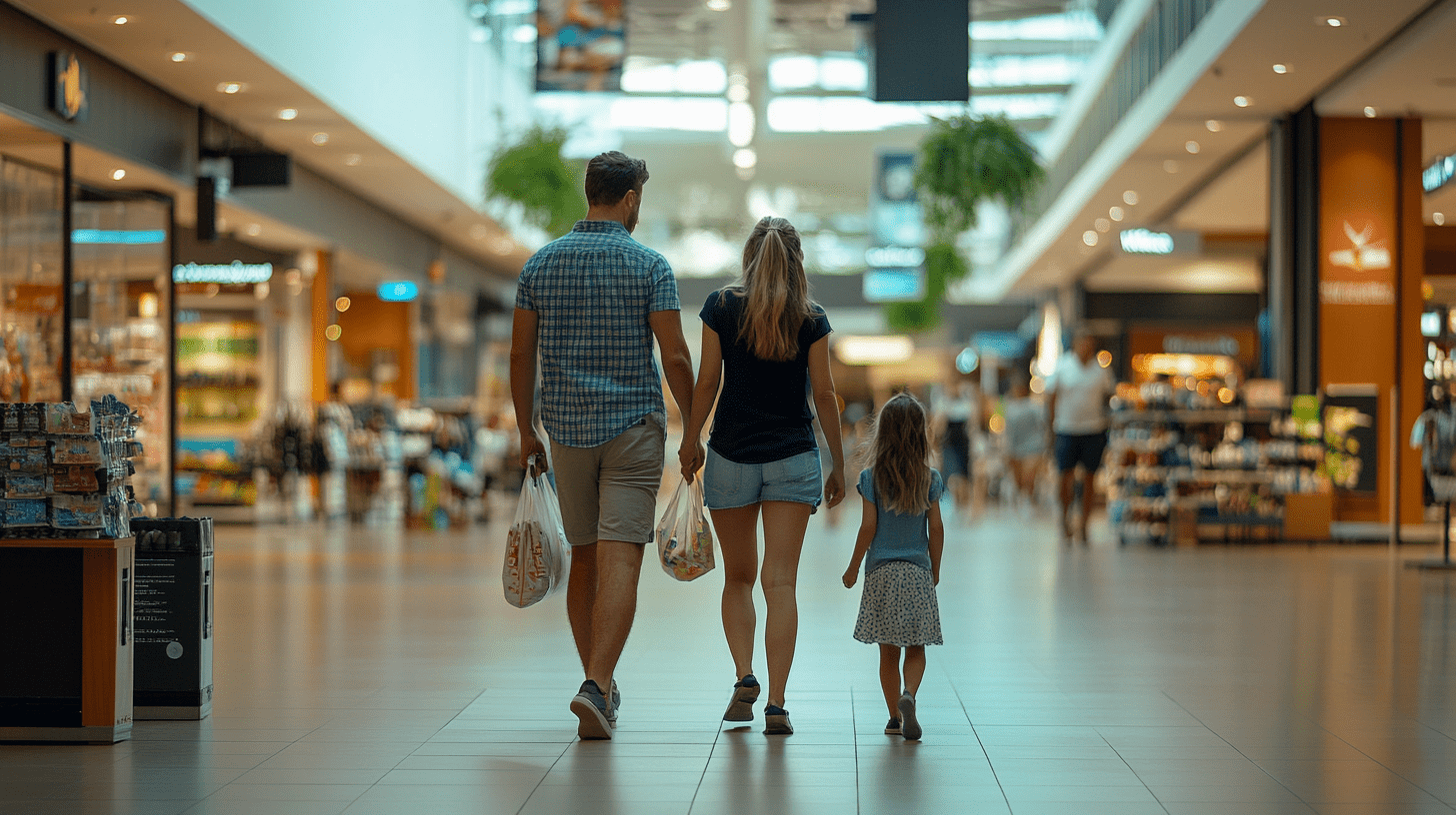 A family walking through a shopping centre in Mackay, Queensland.