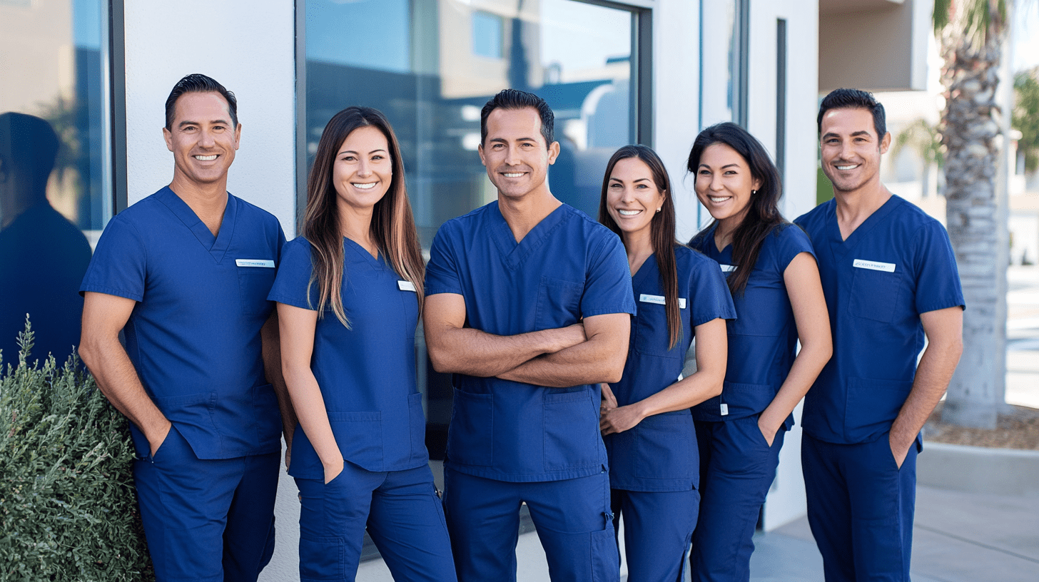 A team of dentists standing outside their clinic in Midway District, San Diego.