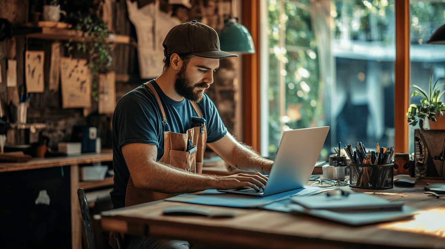 A tradesman working on his SEO on his laptop in Mount Pleasant, Mackay.