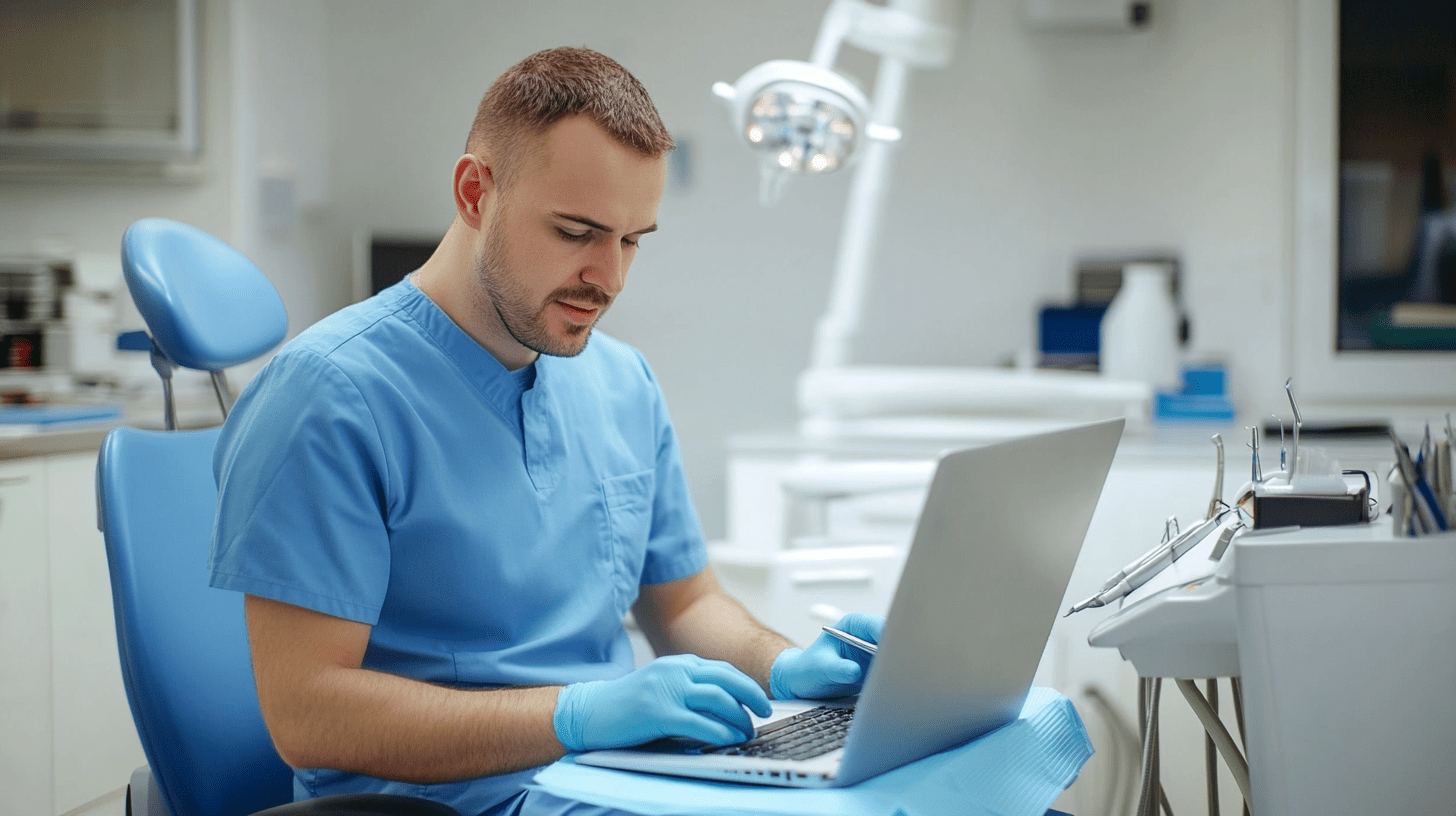 A dentist working on his SEO on his laptop in his clinic in North Park, San Diego.