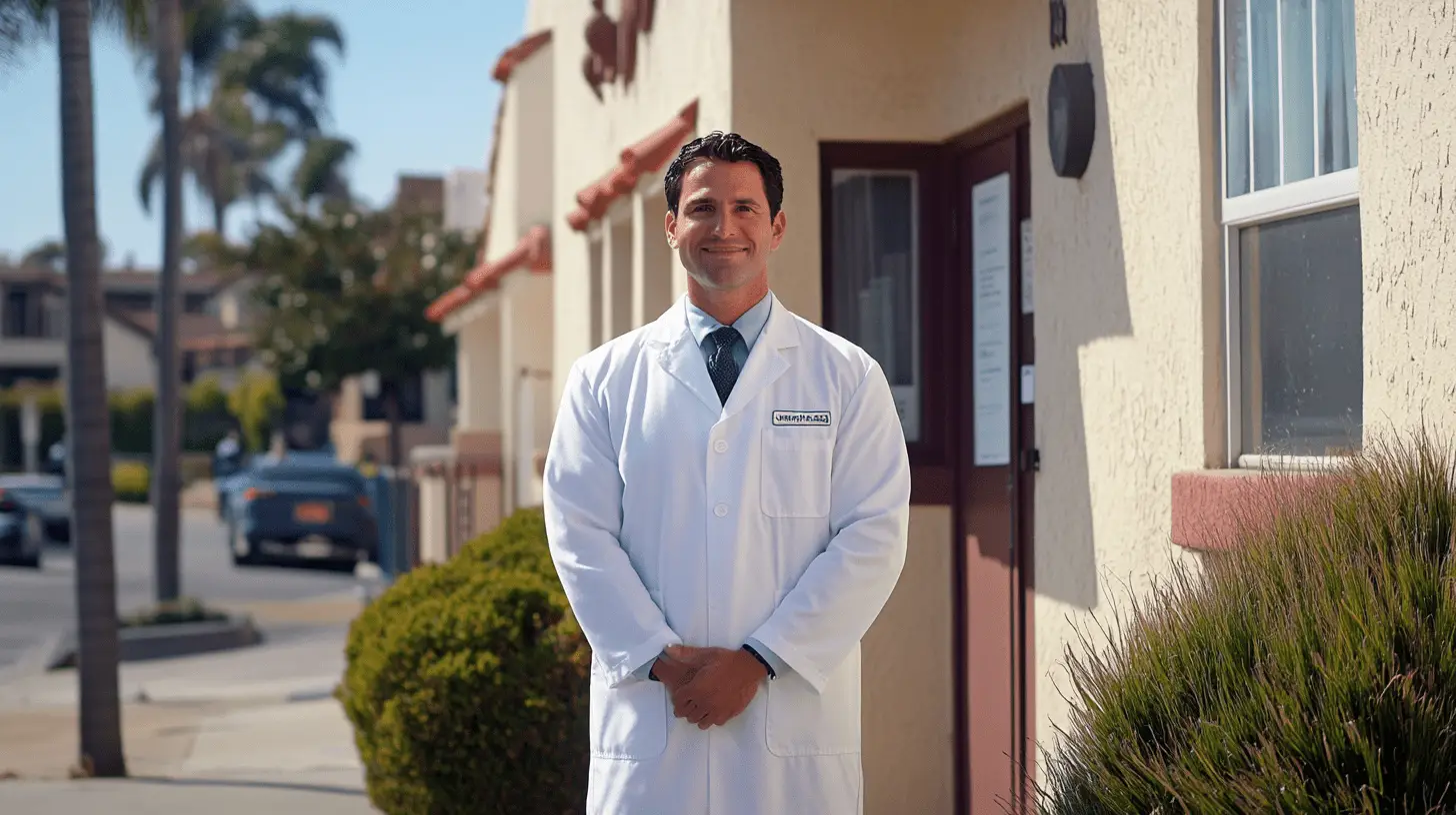 A dentist standing outside his clinic in Oceanside, San Diego.