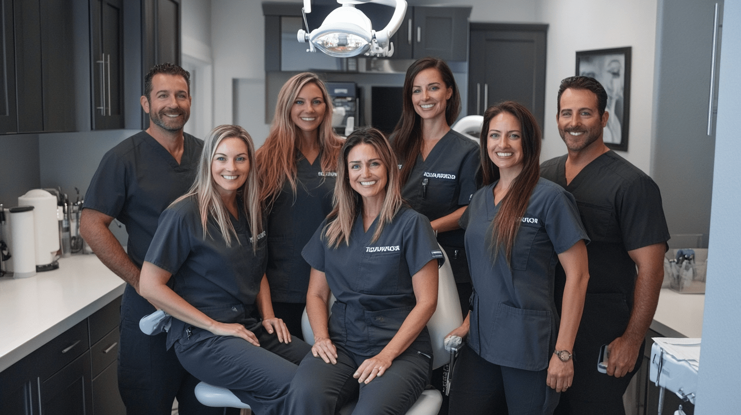 A team of dentists posing for a team photo in their clinic in Oceanside, San Diego.