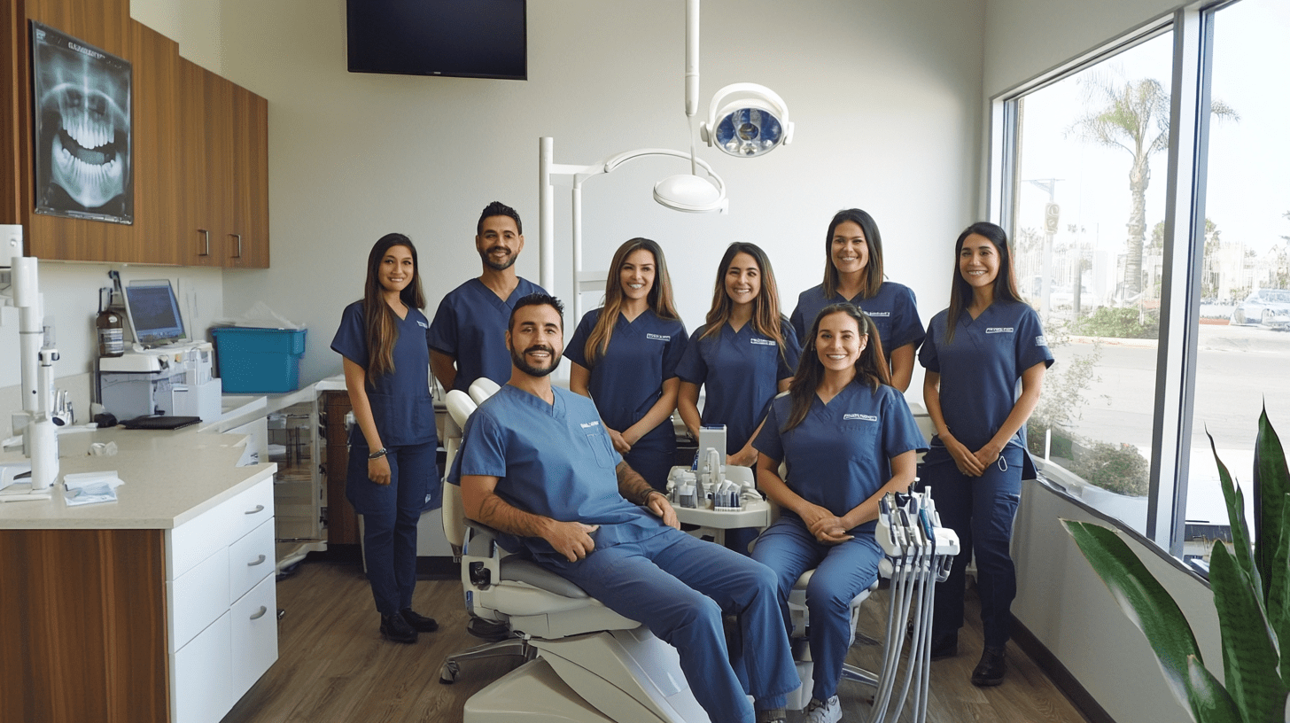 A team of dentists posing for a photo in their clinic in Pacific Beach, San Diego.