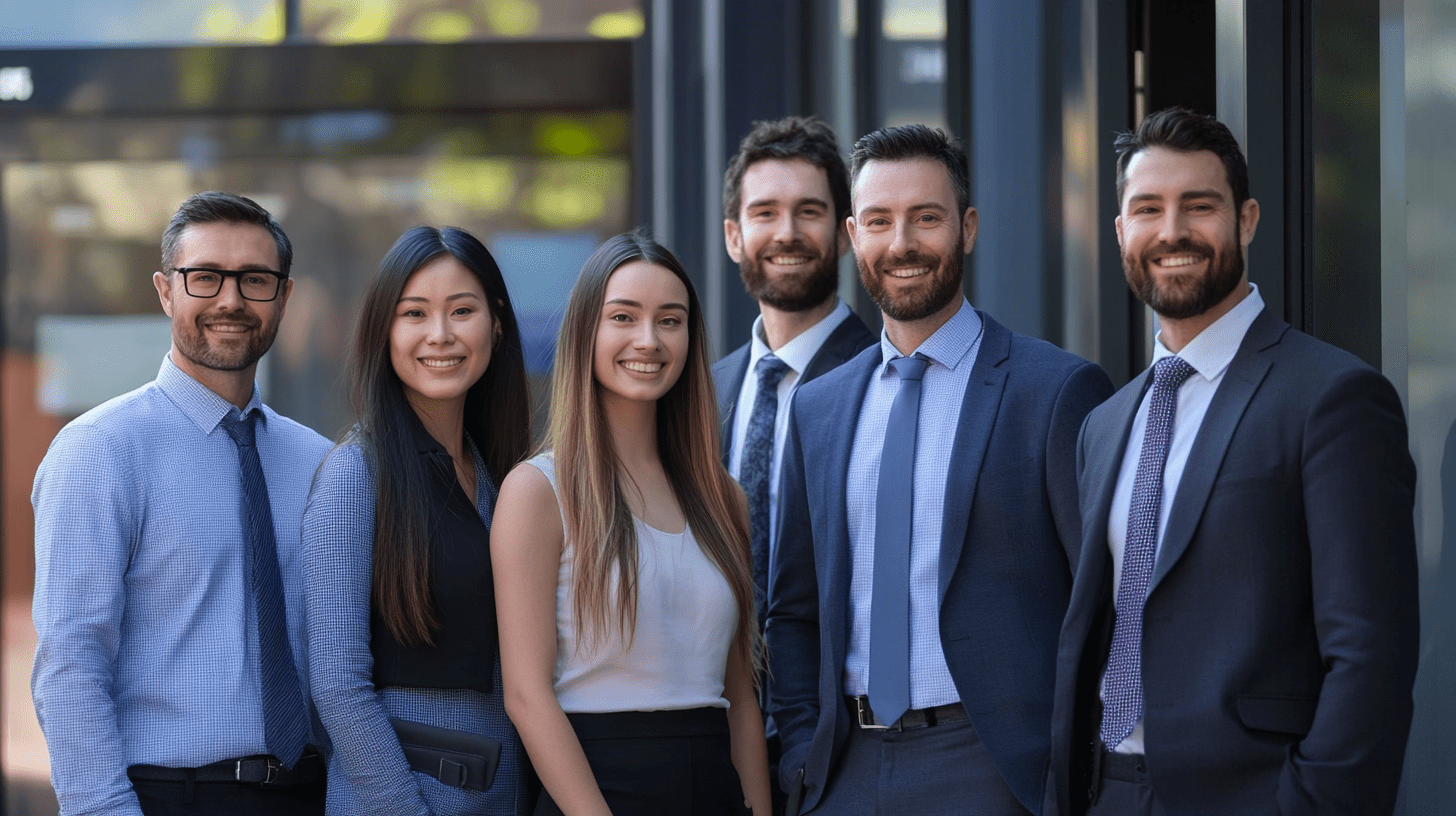 A team of accountants standing outside their office in Parramatta.