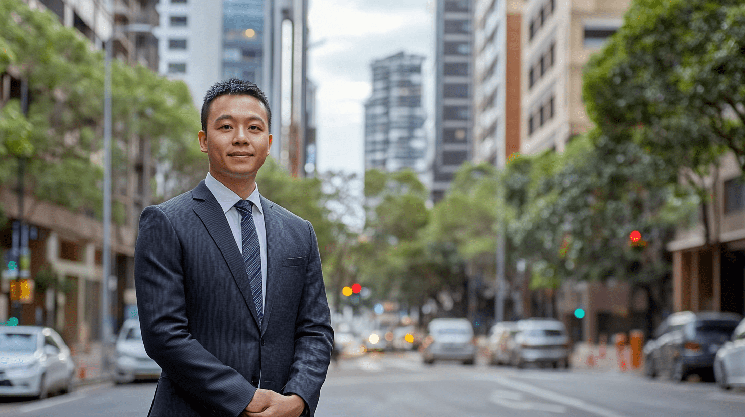 A real estate agent standing in the street in Parramatta.
