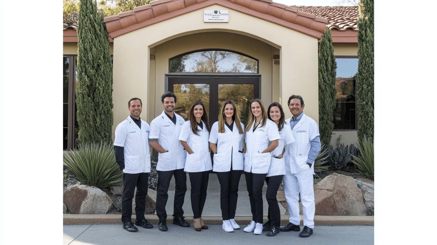 A team of dentists standing outside their clinic in Rancho Santa Fe, San Diego.