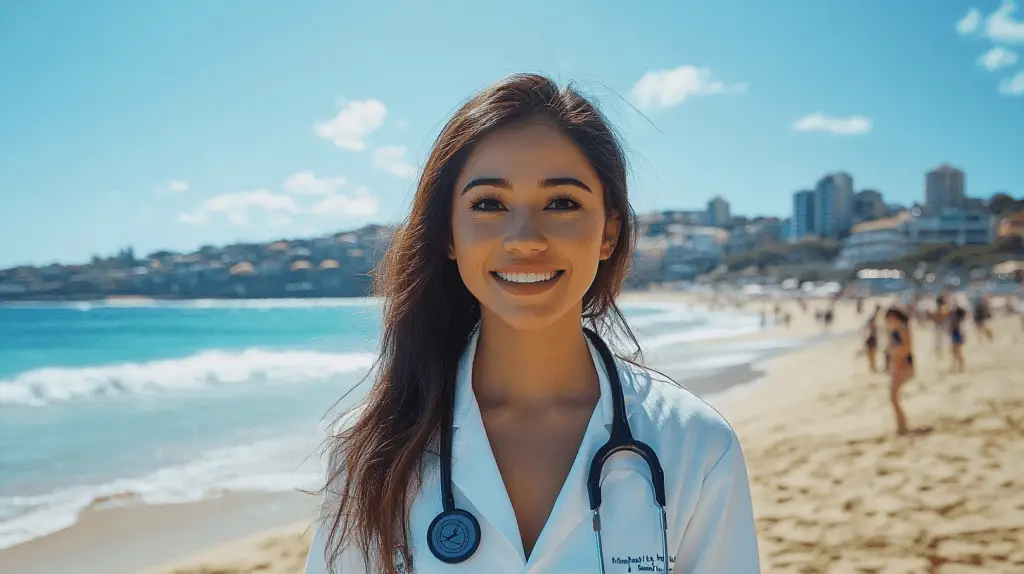 A doctor standing on Bondi Beach, Sydney.