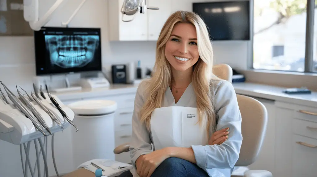 A female dentist sitting at her desk in her clinic in Fletcher Hills, California.