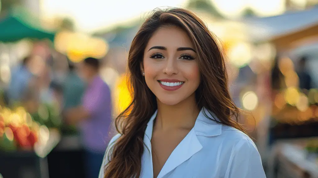 A female dentist standing in the farmers market in Hillcrest, California.