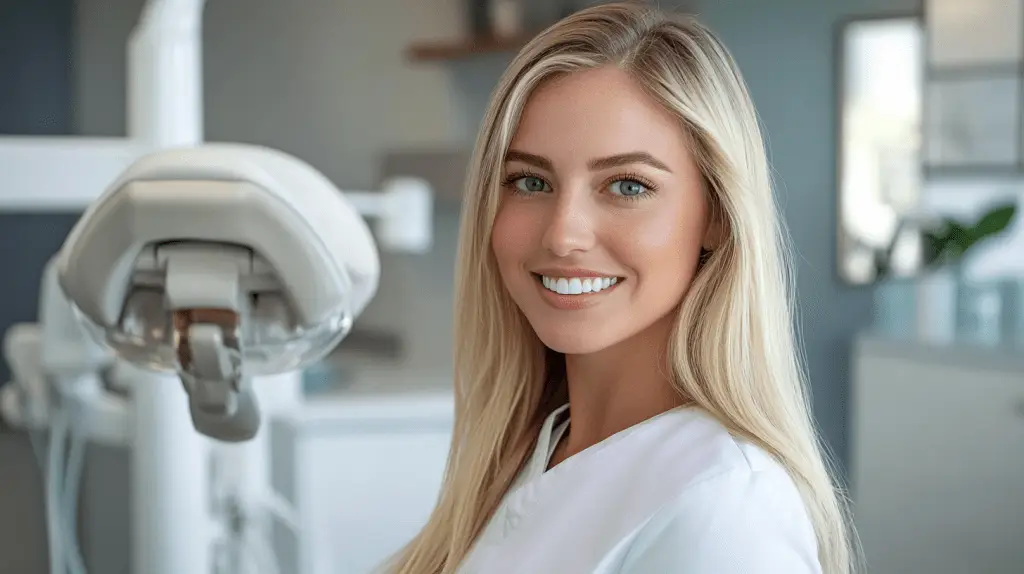 A dentist standing in her clinic in Kensington, San Diego.