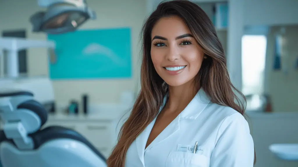 A dentist standing in her clinic in Midway District, San Diego.