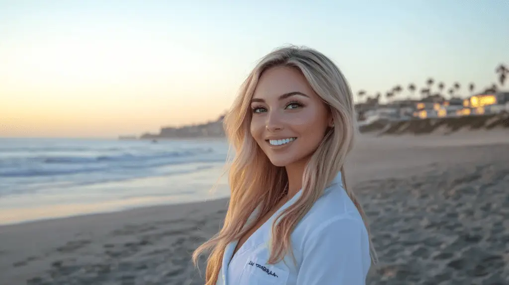 A dentist standing on the beach at Pacific Beach, San Diego.