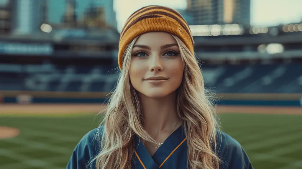 A female Dentist standing in the San Diego Baseball Stadium.