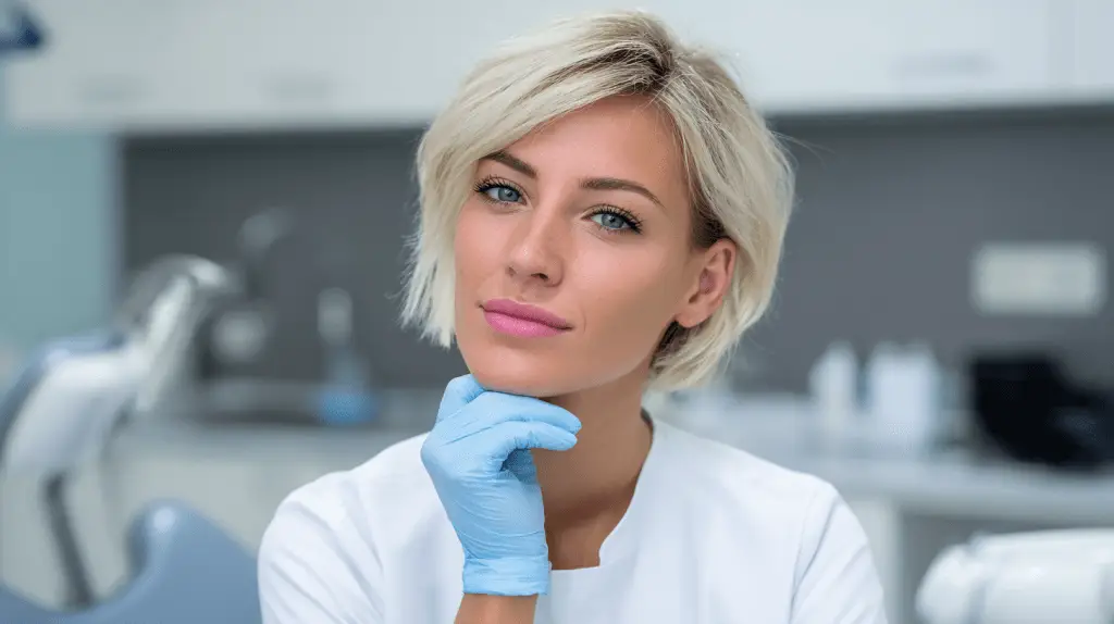 A female dentist sitting in her clinic in Webster, San Diego.