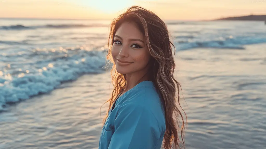 A female dentist standing on the beach in Encinitas, California.