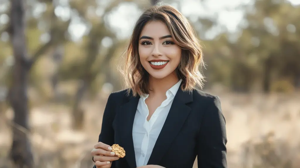 A lawyer standing in the countryside in Ballarat holding a gold nugget.