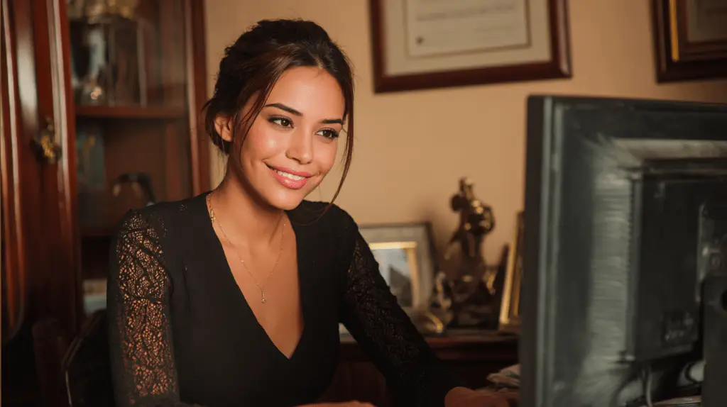 A lawyer sitting in her office and working on keyword research on her computer.