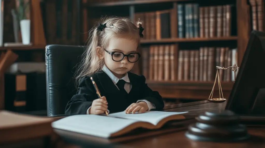 A young girl dressed up as a lawyer and working in her office in Scarborough, Perth.
