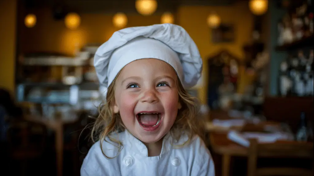 A young girl dressed up as a chef and standing in a restaurant in Sebastopol, Ballarat.