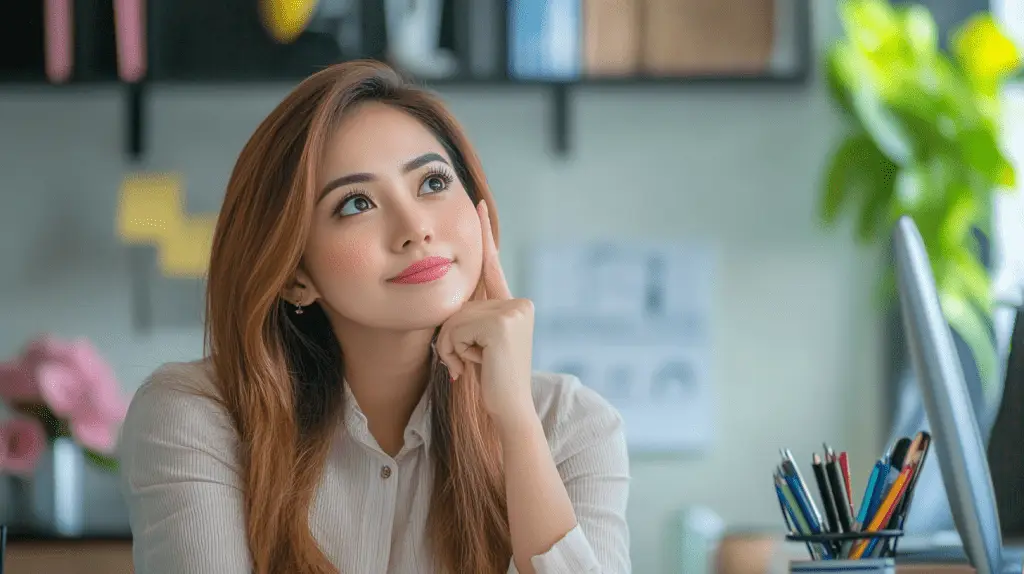 An accountant sitting at her desk in her office thinking about SEO vs Paid Ads.