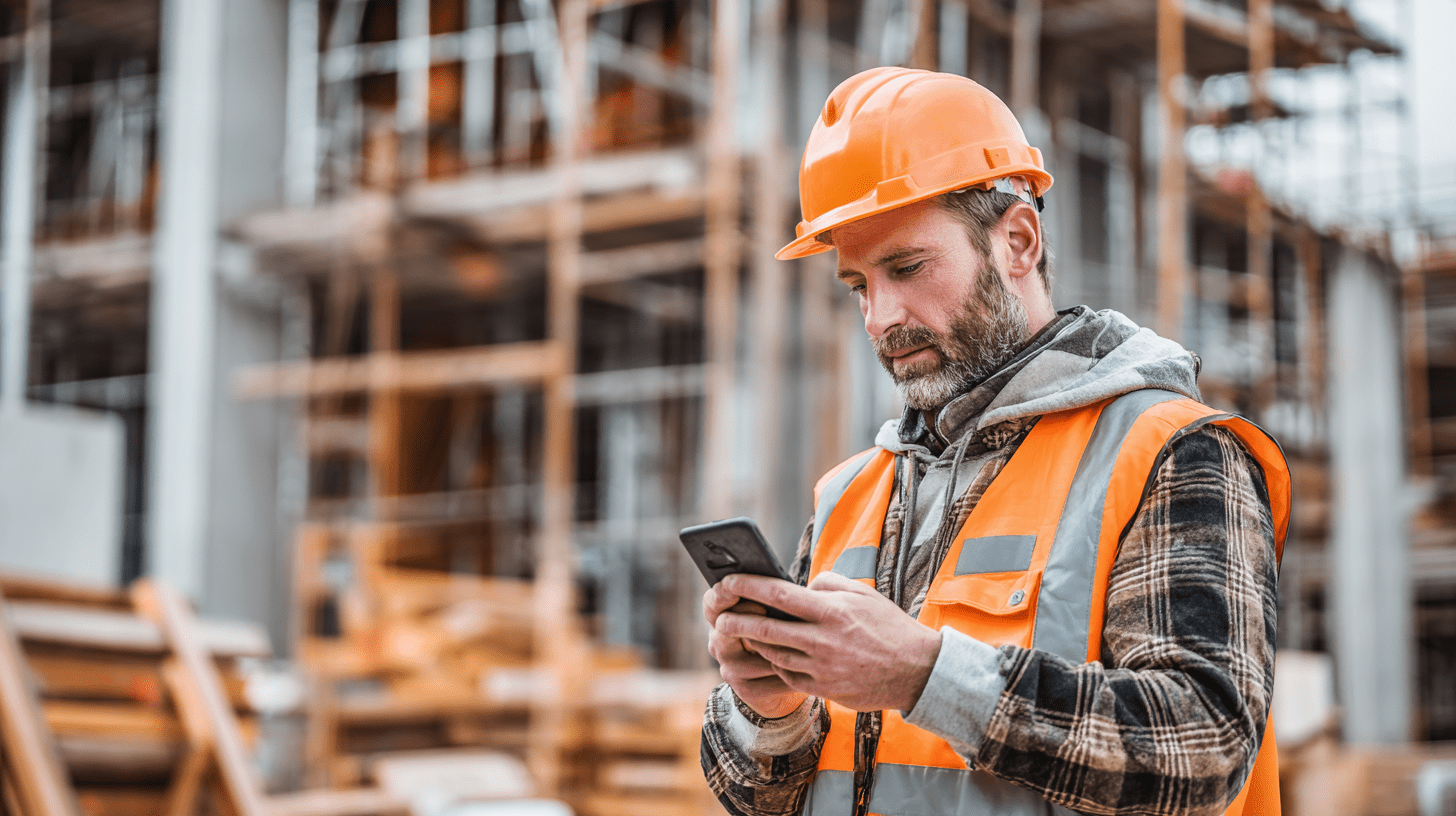 A Trades Business Owner, reviewing his social media on his mobile phone.
