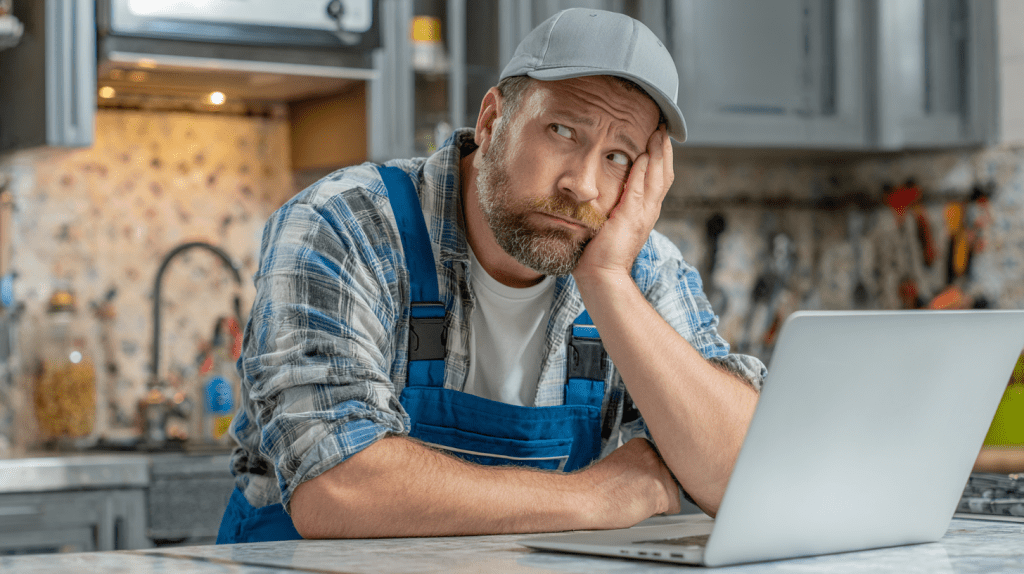 A plumber standing at a job site and working on his laptop.