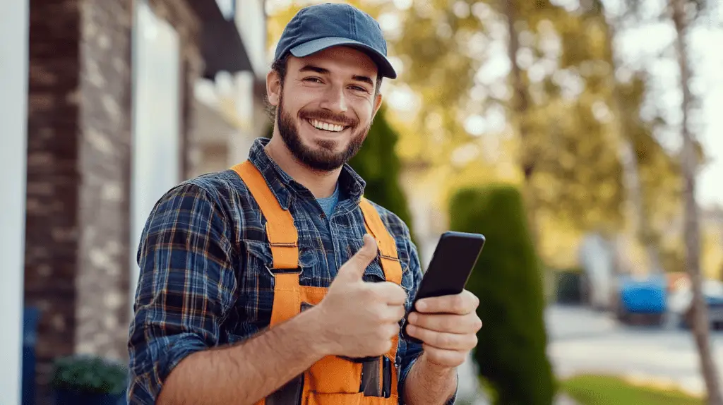 A carpenter standing outside and holding his mobile phone.