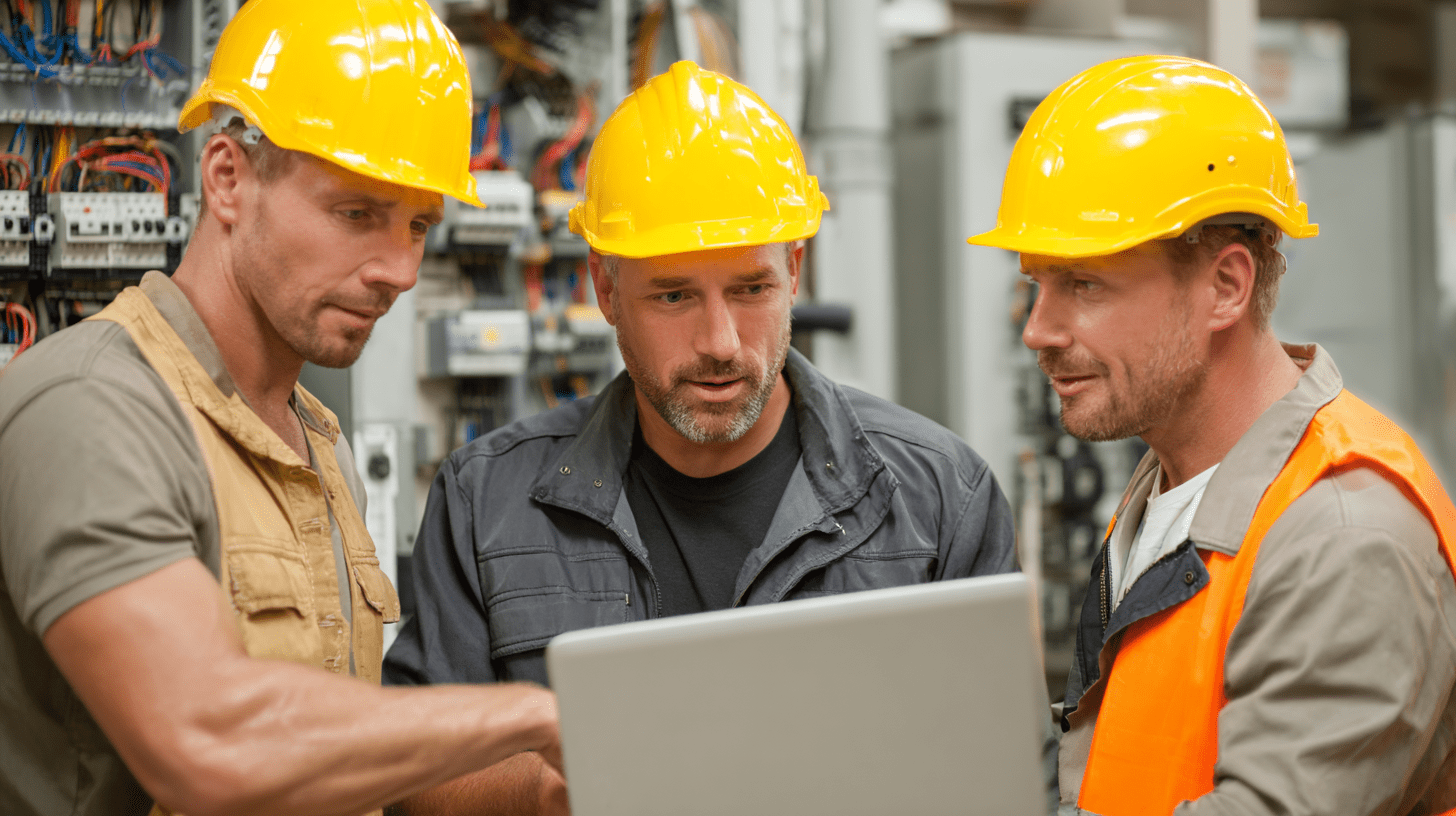 Three electricians analysing their social media performance.