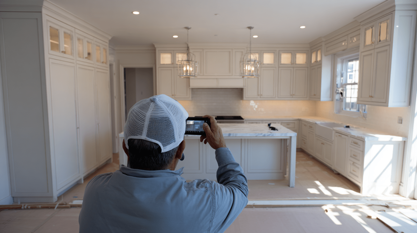 A Trades Business owner taking a photo of a kitchen for social media content.